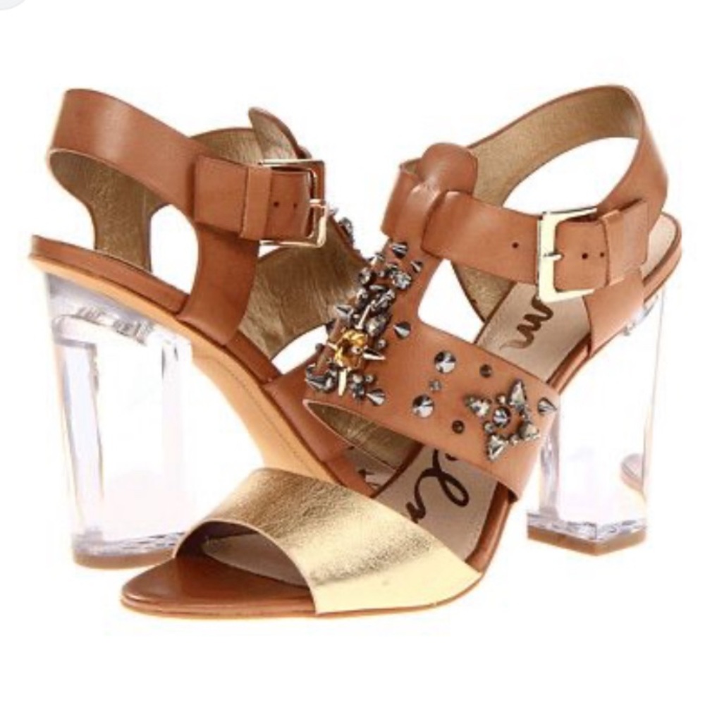 Sam Edelman Embellished Lucite Heel Sandals Gold Size 9.5